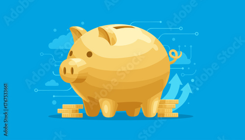 Golden piggy bank illustration with stacks of coins and upward arrows symbolizing financial growth and savings, set against a vibrant blue background with subtle digital circuit patterns and clouds