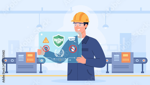A smiling factory worker in a hard hat and safety glasses holds a transparent futuristic screen displaying safety icons like a shield with shaking hands, a warning sign, a thumbs up with a gear