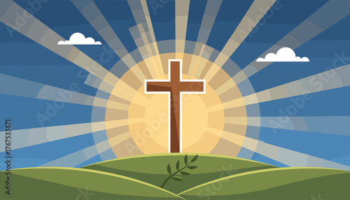 Radiant sunbeams illuminate a wooden Christian cross standing on a green hill, symbolizing faith, hope, and resurrection, set against a clear blue sky with fluffy white clouds, evoking a sense of