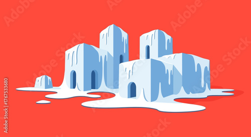 Melting ice structures on red background depicting climate change and global warming.