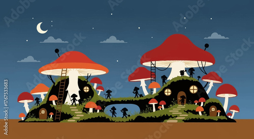 Magical gnome village with glowing mushroom homes under the stars.