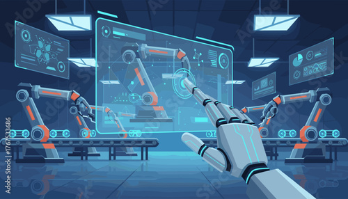 Futuristic robotic arm interacting with a holographic interface displaying data and schematics, symbolizing advanced automation and artificial intelligence in a modern factory setting with conveyor