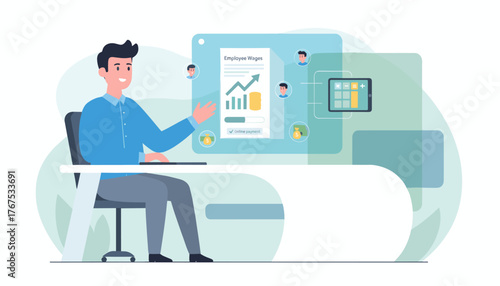 Modern flat illustration of a smiling businessman managing employee wages and payroll online, featuring a growth chart, coins, and a tablet with calculator, symbolizing financial management and