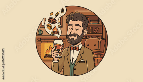 A distinguished gentleman with a beard and bowtie savors a glass of amber liquid, contemplating the rich aromas of whisky or bourbon, including oak barrels, grains, and a crackling fireplace, evoking