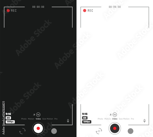 Phone video and photo camera vertical overlay. 16:9 template. Full hd or 4k format for smart phone. Camera frame vector template. Black lines and text on white, and white lines on black background.