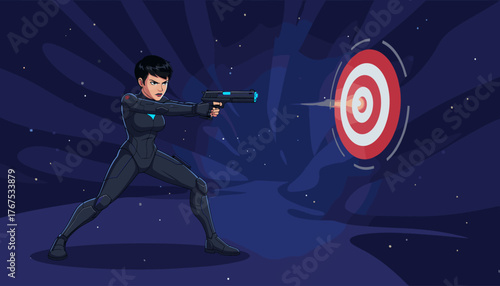 Dynamic illustration of a determined woman in a sleek, futuristic tactical suit aiming a laser-equipped handgun at a glowing target against a dark, starry, and abstract background, conveying action