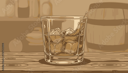 A close-up, vintage-toned illustration captures a glass of whiskey on the rocks, with ice cubes chilling the amber liquid and a splash creating dynamic movement, set against a rustic backdrop of