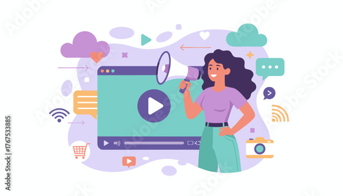 Vivid illustration of a woman holding a megaphone, promoting a video marketing campaign with a play button on a screen, surrounded by social media icons, clouds, and digital elements, representing