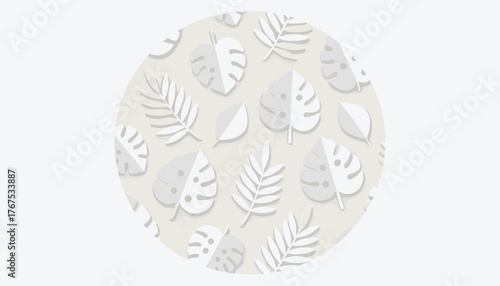 Elegant white paper cut leaves in a repeating pattern, featuring monstera and fern shapes, creating a delicate and minimalist texture on a soft beige background, perfect for natural and organic