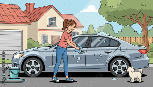 A young woman with a ponytail, wearing a pink t-shirt and blue jeans, is diligently washing a metallic gray sedan with a blue cloth and soapy water in a bucket, while her small, fluffy white dog