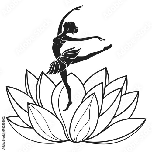Elegant ballerina silhouette dancing gracefully atop a stylized lotus flower