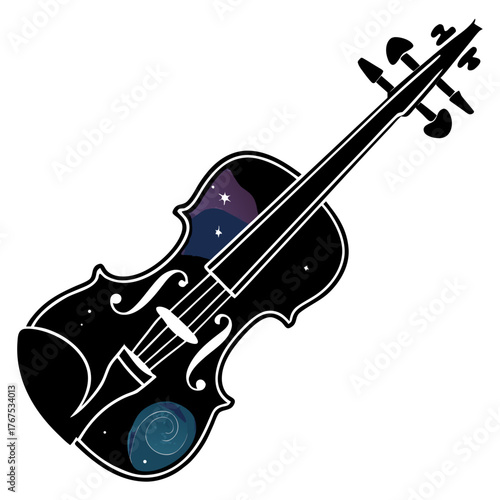 Elegant violin silhouette filled with dreamy galaxy illustration art