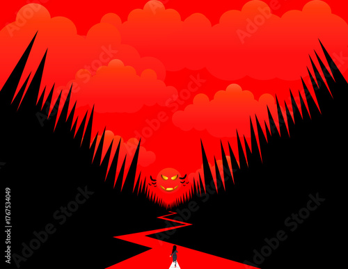 Red sky, spooky dark forest landscape. A woman running in a terrifying dark forest.