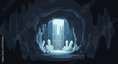 Mysterious cavern illuminated by ethereal light and crystalline formations.