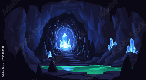 Mysterious Crystal Cave Illuminated with Glowing Blue Light and Stairs.