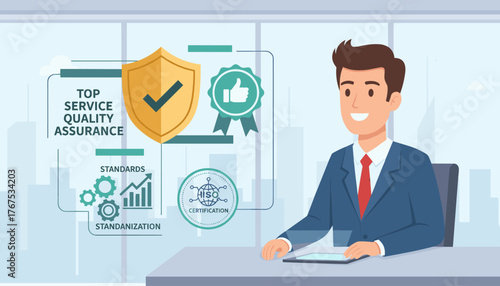 Smiling businessman in a suit sitting at a desk with a tablet, surrounded by icons representing top service quality assurance, ISO certification, standards, and standardization, symbolizing business