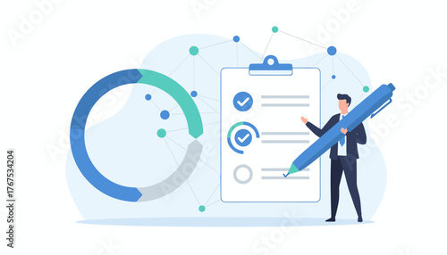 Business professional in a suit holding a large blue pen, actively checking off items on a clipboard checklist, symbolizing task completion, project management, and successful business operations