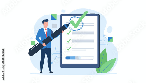 Modern flat illustration of a businessman in a blue suit and red tie holding a large pen, marking a checkmark on a digital tablet screen with a to-do list, symbolizing completion, success, and