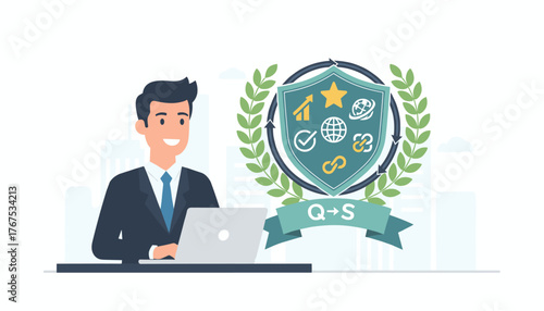 Smiling businessman in a suit working on a laptop, with a laurel wreath surrounding a shield displaying icons of growth, global connection, and quality, symbolizing top-tier service and business