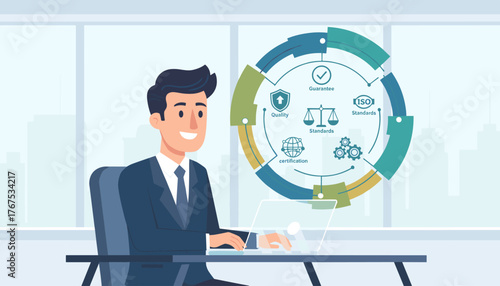 Smiling businessman in a suit working on a laptop in an office with a city view, with a circular infographic displaying quality, standards, certification, guarantee, and ISO standards, representing