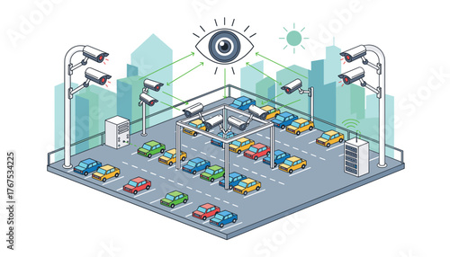 Intelligent surveillance system for a modern parking lot, featuring CCTV security cameras, data servers, and an overarching eye symbol representing monitoring and data analysis, with cars parked