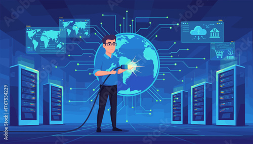 A determined male engineer, wearing glasses and a blue shirt, connects a glowing cable to a digital representation of Earth, symbolizing global network connectivity, surrounded by server racks and