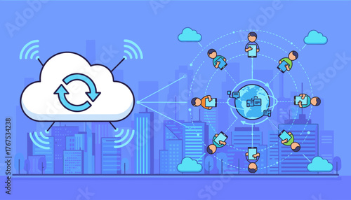 Vibrant illustration depicting cloud computing and social network connectivity, showcasing a large cloud icon with refresh arrows, symbolizing data synchronization, linked to a global network of