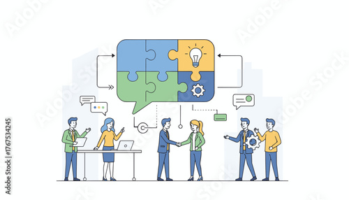 Diverse business professionals collaborating to solve problems and reach agreements, symbolized by a puzzle speech bubble with a lightbulb and gear, representing teamwork, communication, and