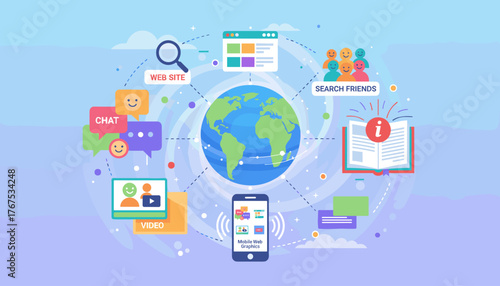 Vibrant digital illustration depicting global communication and connectivity through various online platforms and devices, including a smartphone, website interface, chat bubbles, video icon, search