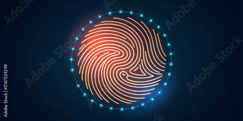 Glowing fingerprint surrounded by a ring of blue lights on a dark blue gradient background