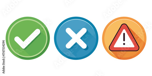 Three circular icons representing approval rejection and warning signals in a row against white