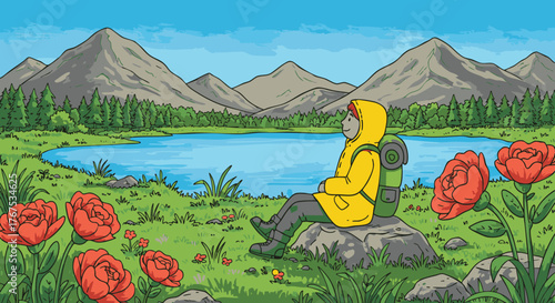 A person wearing a yellow raincoat sits on a rock by a lake, surrounded by red flowers and mountains in the background, enjoying the scenery