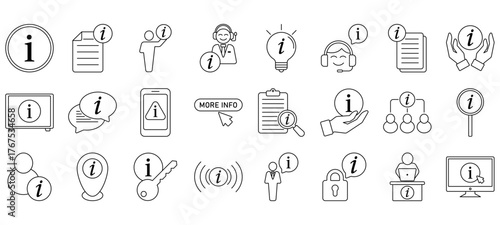Information icon set. Containing info, help, inform, support, news, about us, instructions and notice icons. Solid icon collection. Vector illustration.