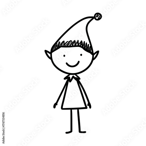 Simple black and white line art drawing of a cheerful Christmas elf or Santa's helper wearing a pointed hat, illustrated in a charming stick figure style for holiday crafts and minimalist designs.