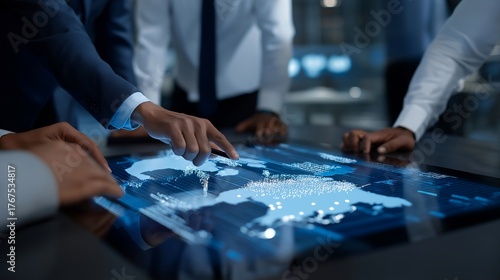 Team of researchers analyzing global cryptocurrency patterns on interactive holographic tables, symbolizing real-time market intelligence, AI optimization, and futuristic financial operations. © forenna