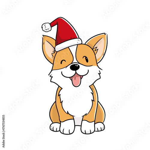 Happy Welsh Corgi Puppy Cartoon Mascot Wearing a Santa Claus Hat - Cute Vector Illustration of a Winking Christmas Dog