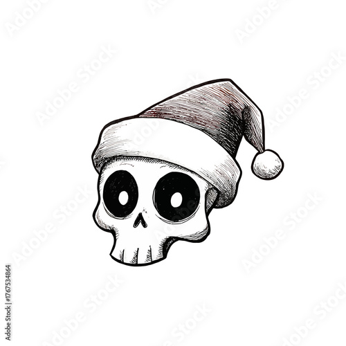 Cool Cartoon Skull Wearing a Santa Claus Hat - Hand-Drawn Sketch of a Gothic Skeleton Head for Alternative Christmas Design