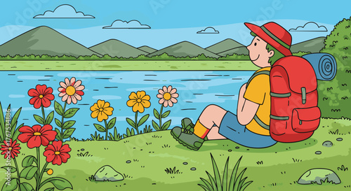 Cartoon depiction of a person enjoying nature with a backpack, flowers, lake, and mountains