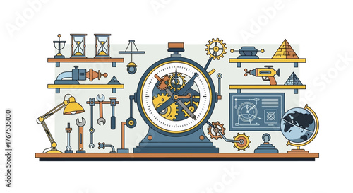Steampunk Time Machine Workshop - Intricate Clockwork and Scientific Instruments.