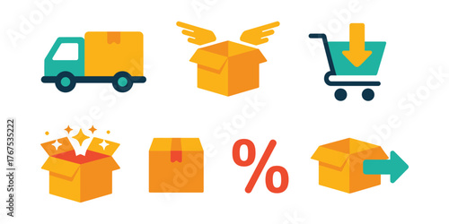 Collection of e-commerce icons for shipping delivery shopping cart discounts gifts and transactions