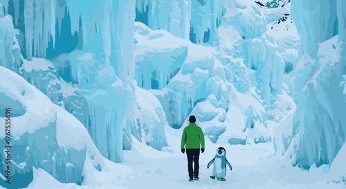 Adorable penguin and human walking together through a stunning icy landscape during winter exploration