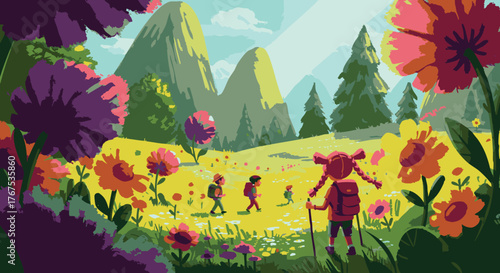 A group of hikers embarks on a journey through a vibrant meadow filled with colorful flowers and majestic mountains