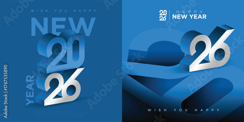 Minimal 3D 2026 New Year Typography Set - Cool Blue and Silver. 
Versatile vector set with clean, stacked 3D typography in a cool blue and silver white palette. Ideal for social media posts