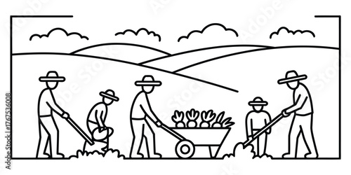 Farmers working in the field with wheelbarrow