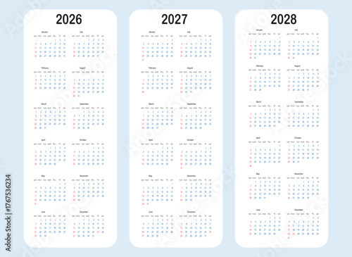 Simple calendars showing the years two thousand twenty six through twenty eight