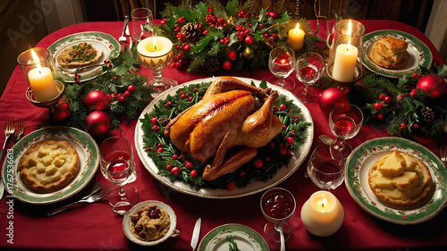 Abundant holiday banquet with roast turkey, sides and glowing candles