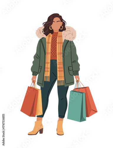 Stylized winter shopping illustration of a fashionable figure in a fur-trimmed parka with scarf, teal pants, and shopping bags, clean minimalist style on transparent background