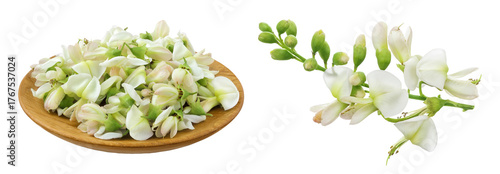 flowers of Sophora japonica or Styphnolobium japonicum in wooden bowl isolated on white background