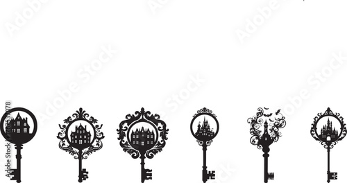 Set of ornate vintage keys with intricate decorative architectural details inside circular frames, elegant black silhouette illustration on white background, perfect for antique, retro, and design con