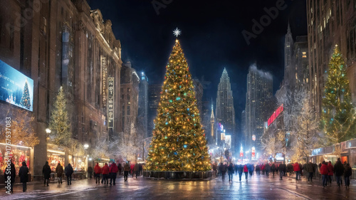 Large city Christmas tree in snowy downtown square at night